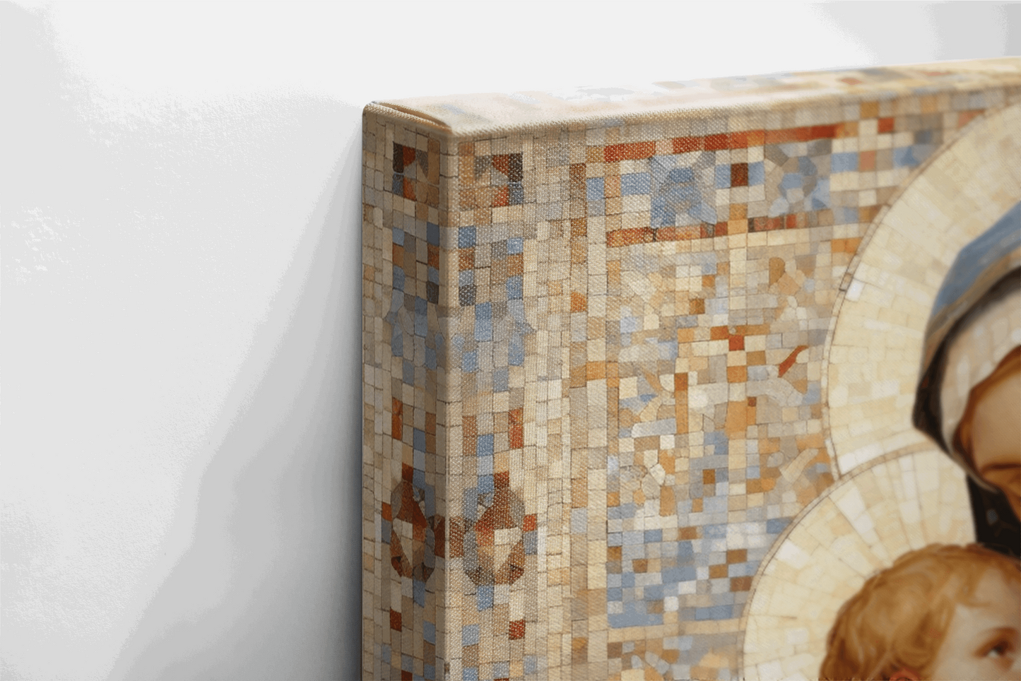 Side view of Canvas Wall Art Mosaic style painting of Mary Mother of God holding Baby Jesus in her arms