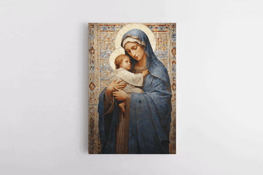Canvas Wall Art Mosaic style painting of Mary Mother of God holding Baby Jesus in her arms