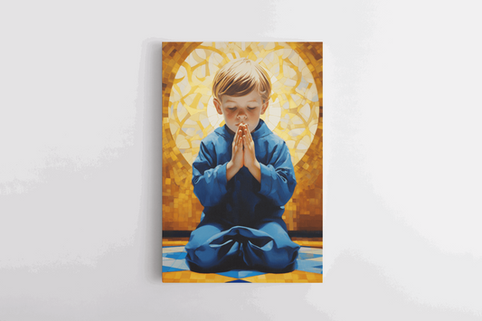 Child praying in a chapel while sitting on the floor