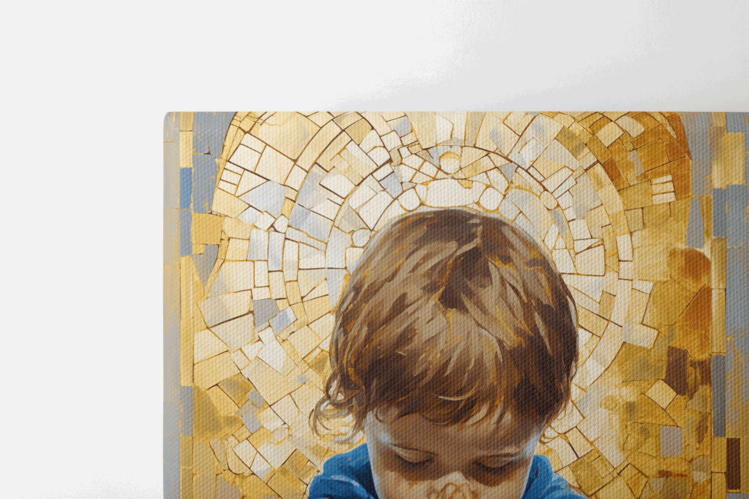 Closeup of a first half of Canvas Wall Art Painting of a young child kneels in prayer against a radiant golden background