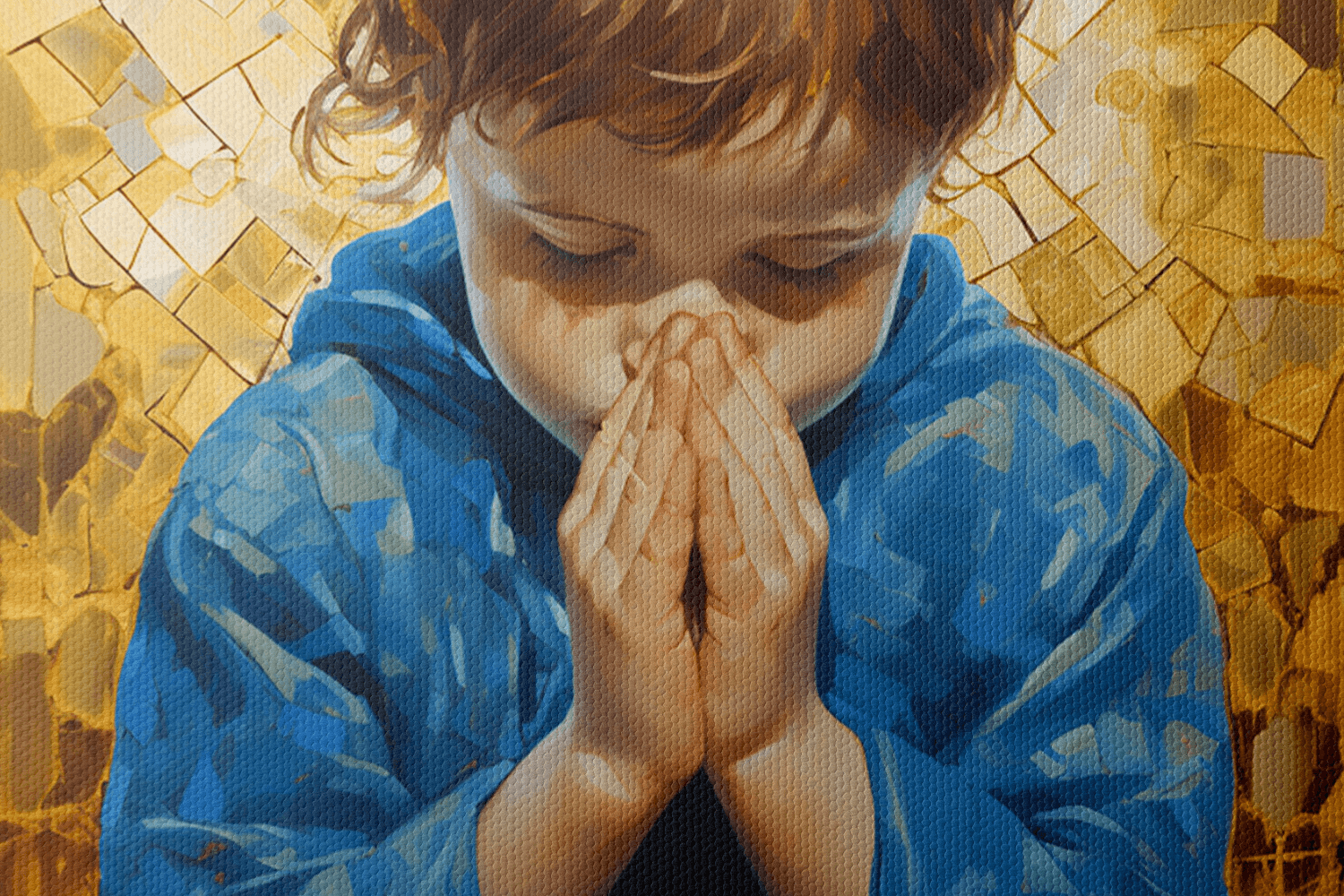 Closeup of Canvas Wall Art Painting of a young child kneels in prayer against a radiant golden background