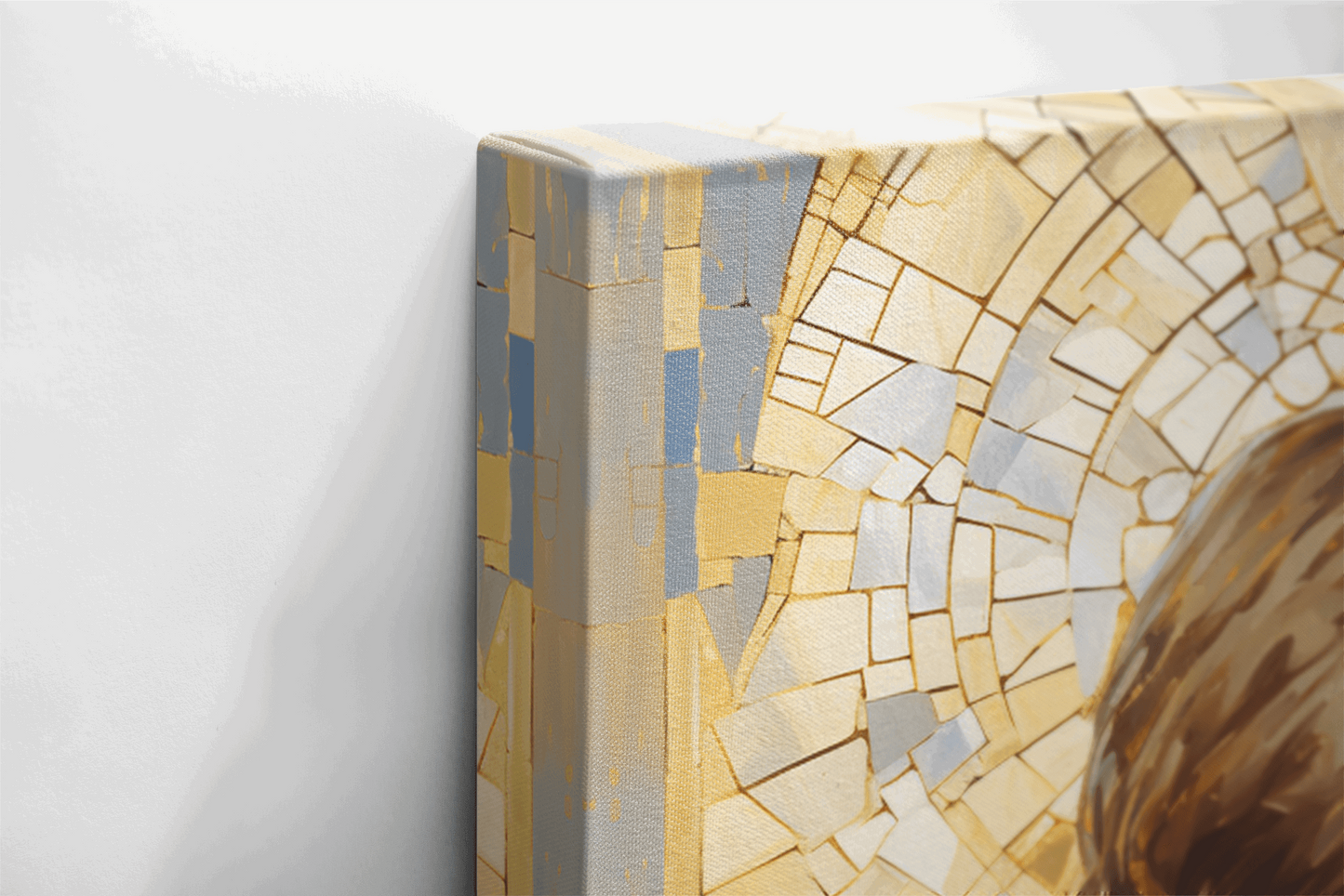 Side view of Canvas Wall Art Painting of a young child kneels in prayer against a radiant golden background