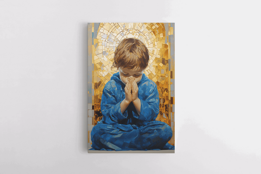 Canvas Wall Art Painting of a young child kneels in prayer against a radiant golden background
