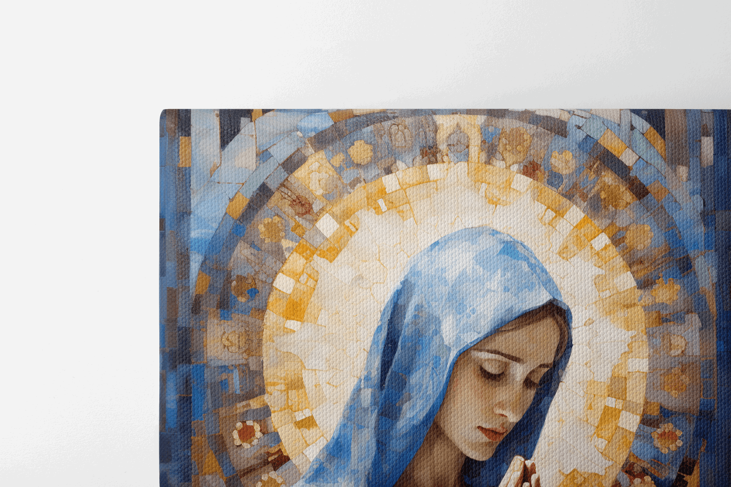 View of the top half of Canvas Wall Art Painting of a Young Woman Praying in front of an abstract blue background