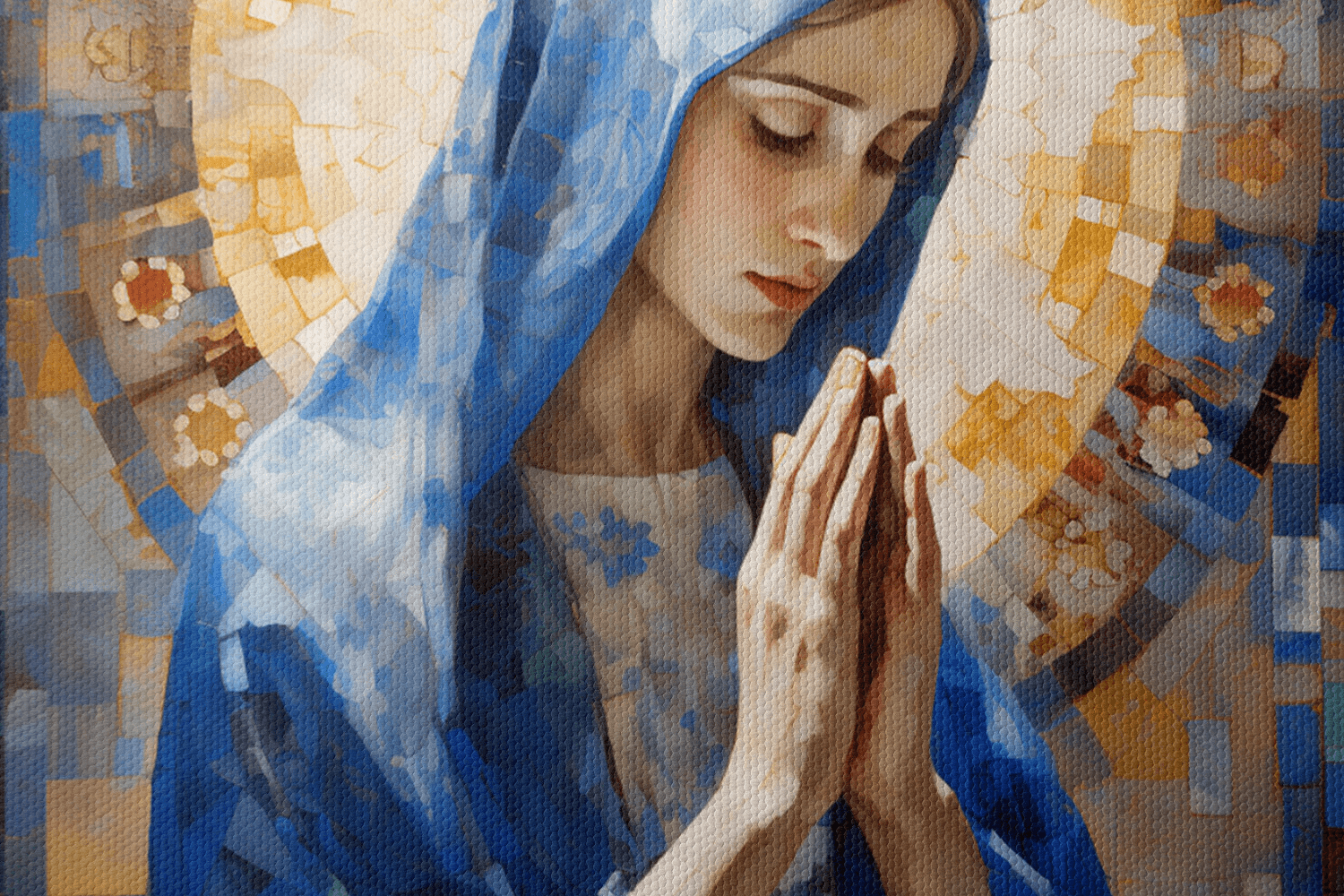 Closeup of Canvas Wall Art Painting of a Young Woman Praying in front of an abstract blue background