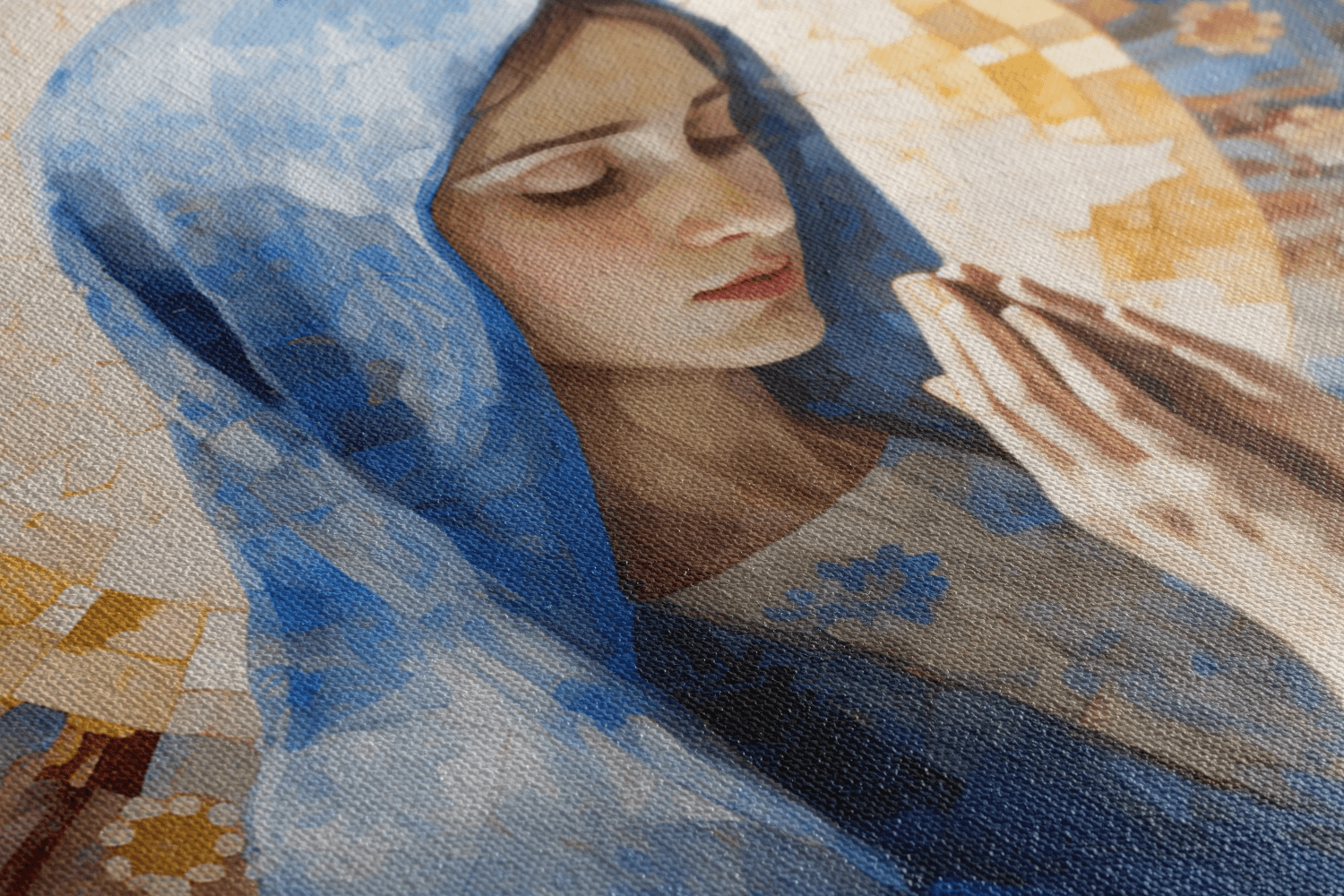 Detailed closeup of Canvas Wall Art Painting of a Young Woman Praying in front of an abstract blue background