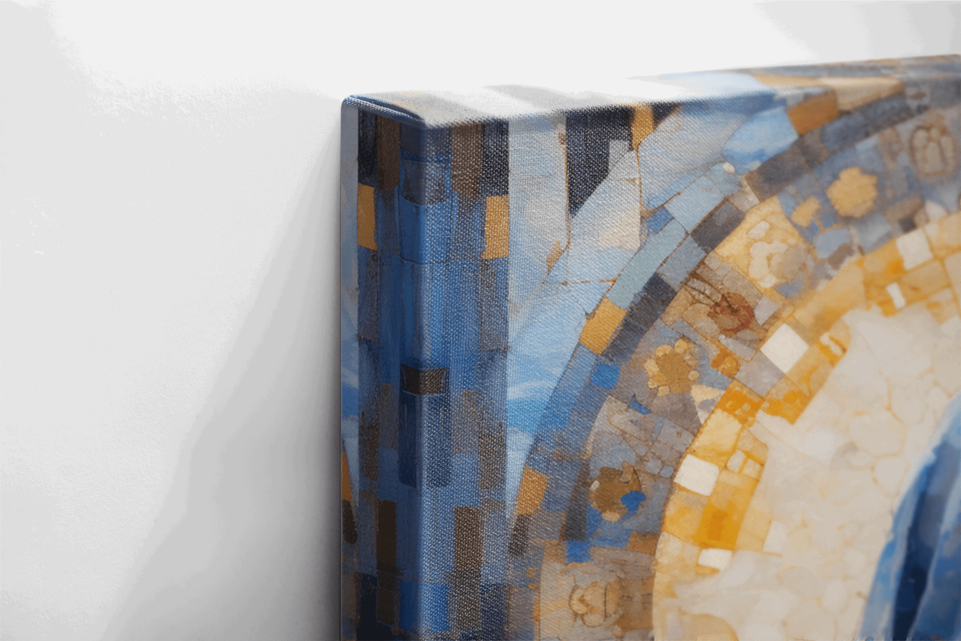 Side view of Canvas Wall Art Painting of a Young Woman Praying in front of an abstract blue background
