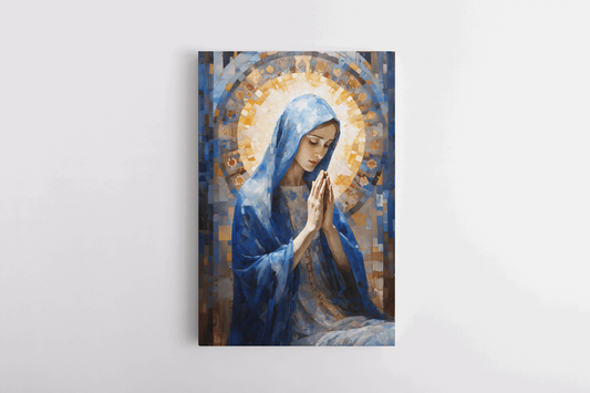 Canvas Wall Art Painting of a Young Woman Praying in front of an abstract blue background