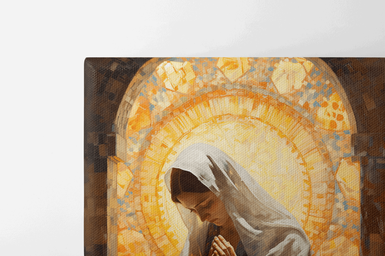Top half of Canvas Wall Art Painting of a woman Praying to God in a golden Catholic chapel