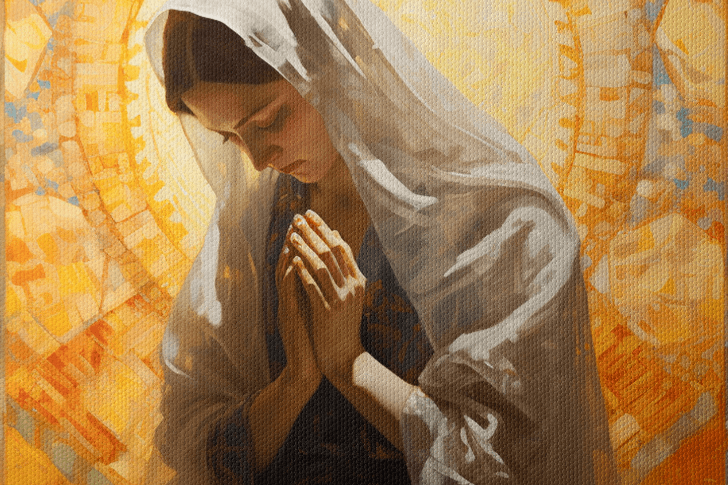 Closeup of Canvas Wall Art Painting of a woman Praying to God in a golden Catholic chapel
