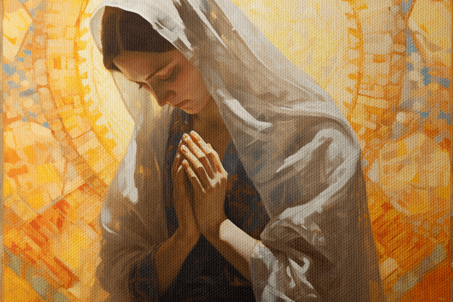 Closeup of Canvas Wall Art Painting of a woman Praying to God in a golden Catholic chapel