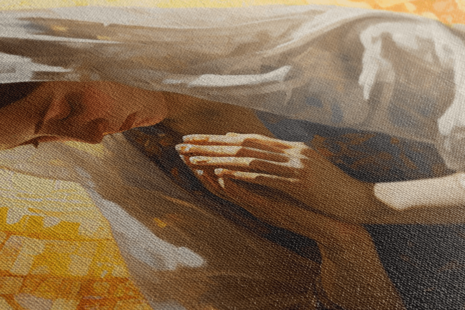 Detailed Closeup of Canvas Wall Art Painting of a woman Praying to God in a golden Catholic chapel