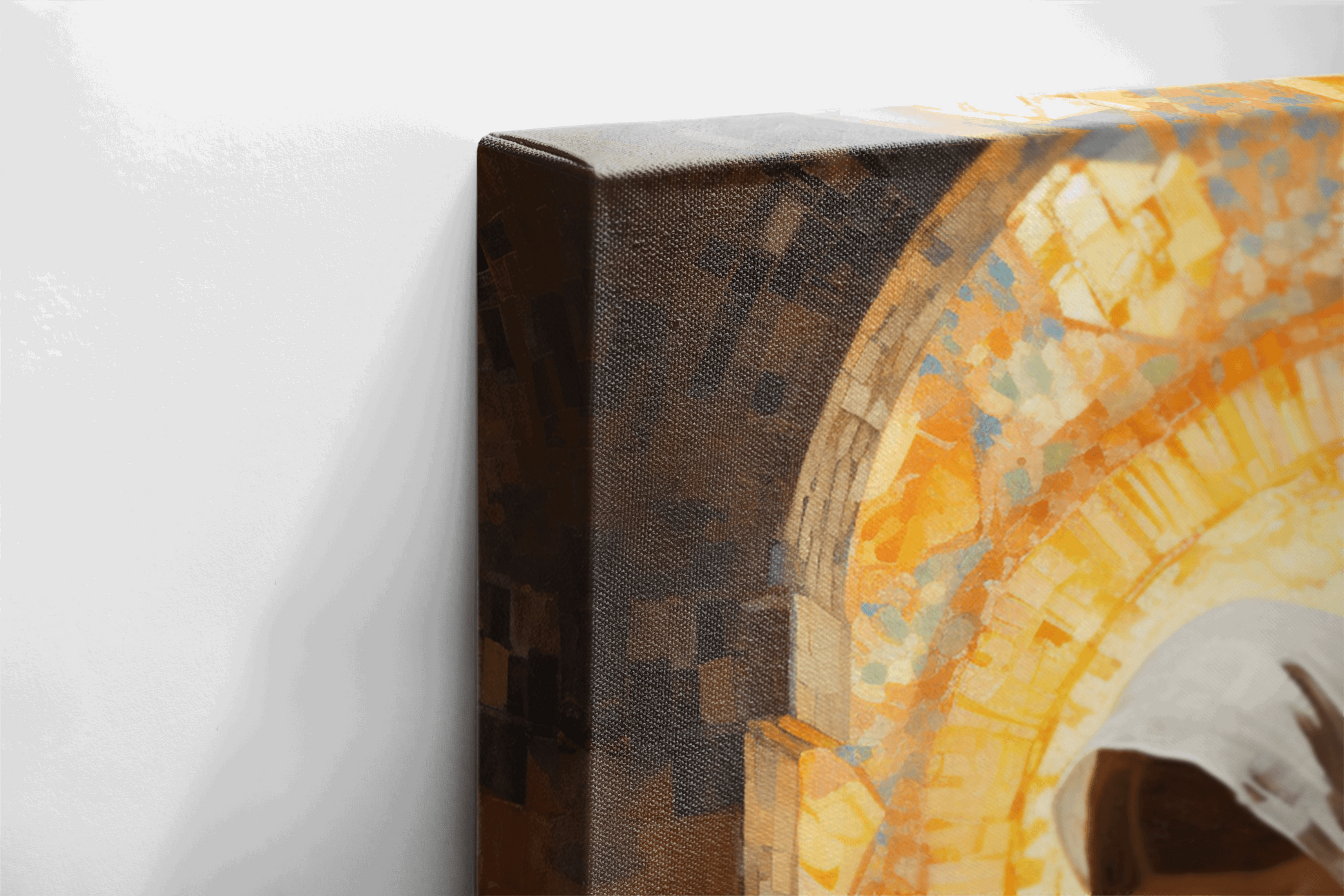Side view of Canvas Wall Art Painting of a woman Praying to God in a golden Catholic chapel