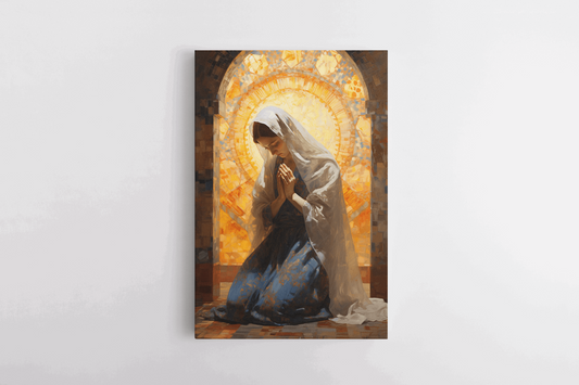 Canvas Wall Art Painting of a woman Praying to God in a golden Catholic chapel