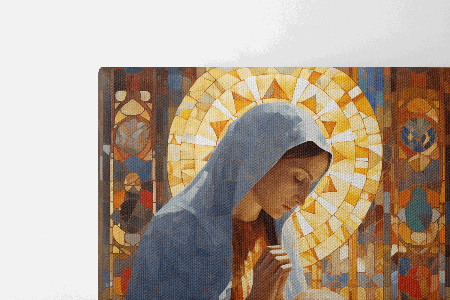 Closeup of top half of Canvas Wall Art Mother and her child engage in a moment of prayer within the hallowed space of a chapel