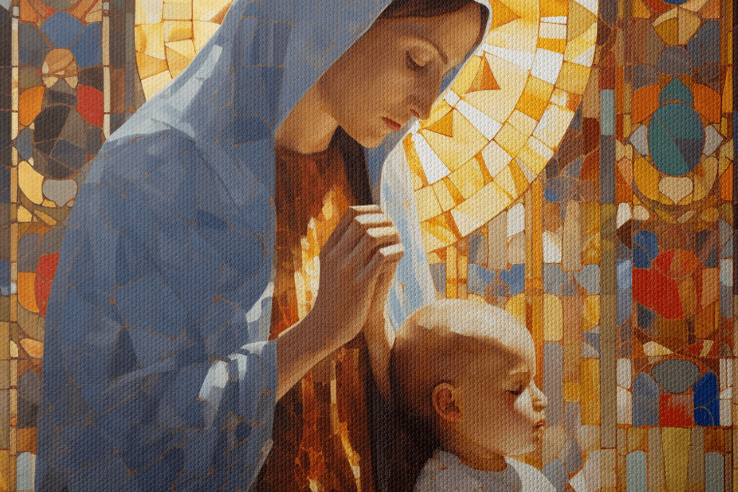 Closeup of Canvas Wall Art Mother and her child engage in a moment of prayer within the hallowed space of a chapel