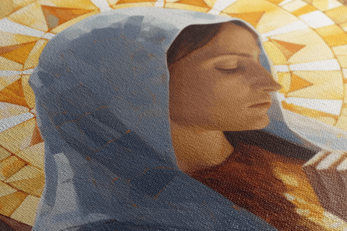 Detailed closeup of Canvas Wall Art Mother and her child engage in a moment of prayer within the hallowed space of a chapel