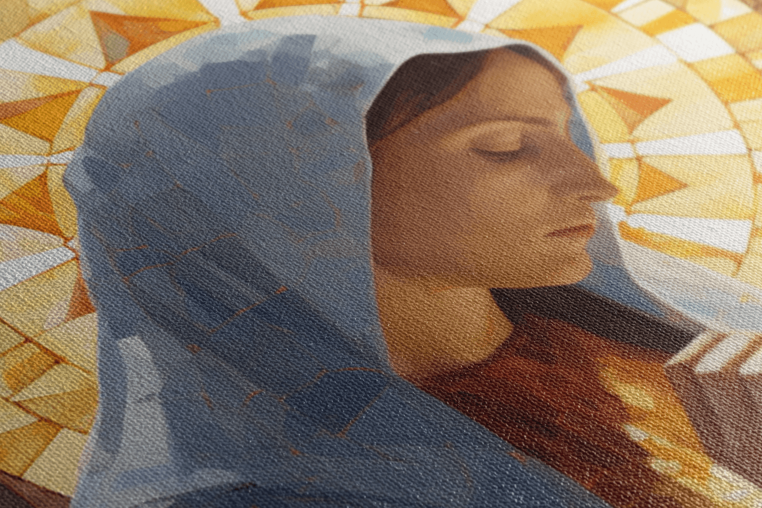 Detailed closeup of Canvas Wall Art Mother and her child engage in a moment of prayer within the hallowed space of a chapel