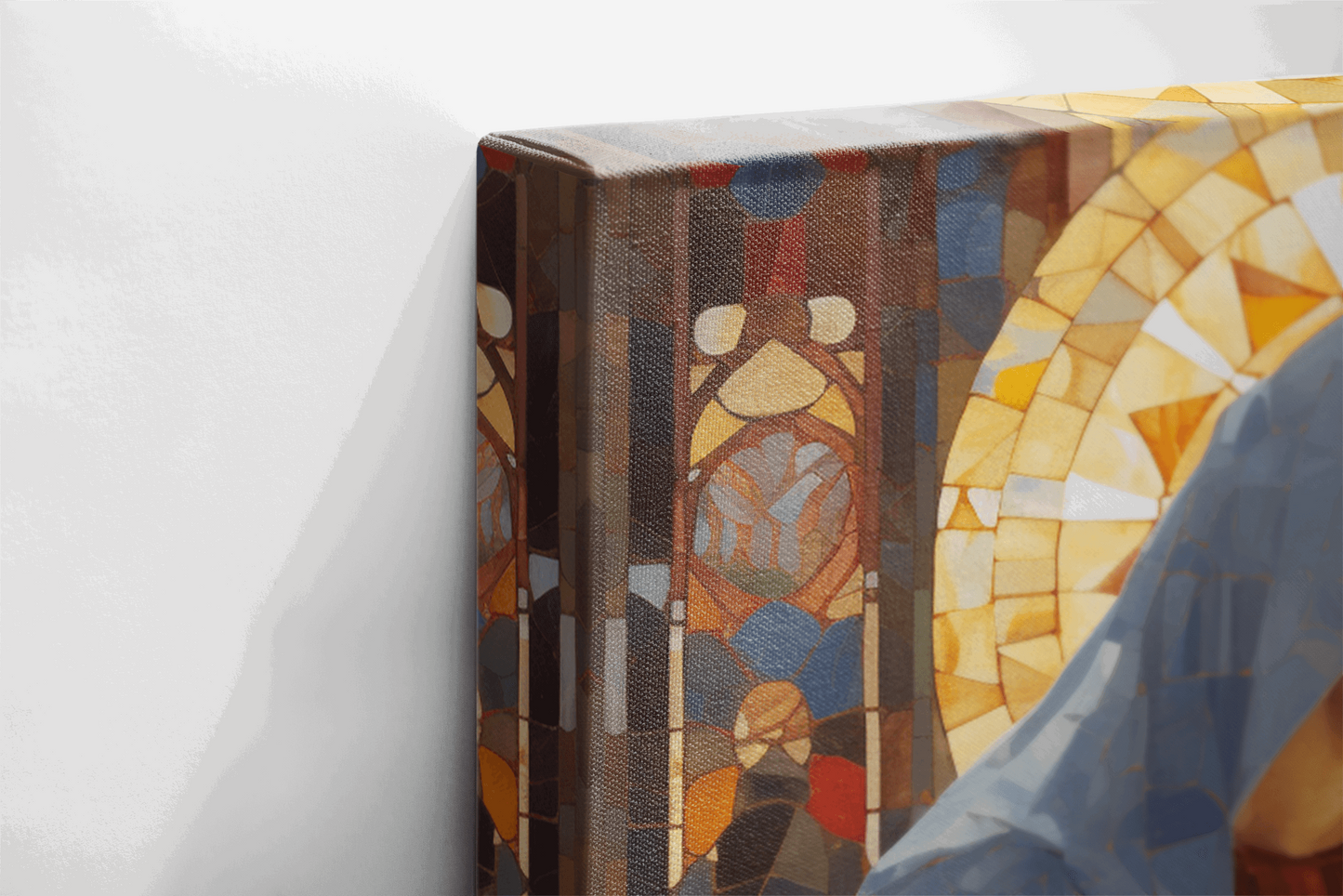 Side view of Canvas Wall Art Mother and her child engage in a moment of prayer within the hallowed space of a chapel