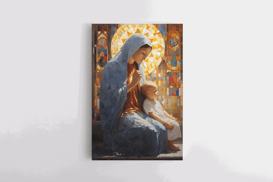 Canvas Wall Art Mother and her child engage in a moment of prayer within the hallowed space of a chapel