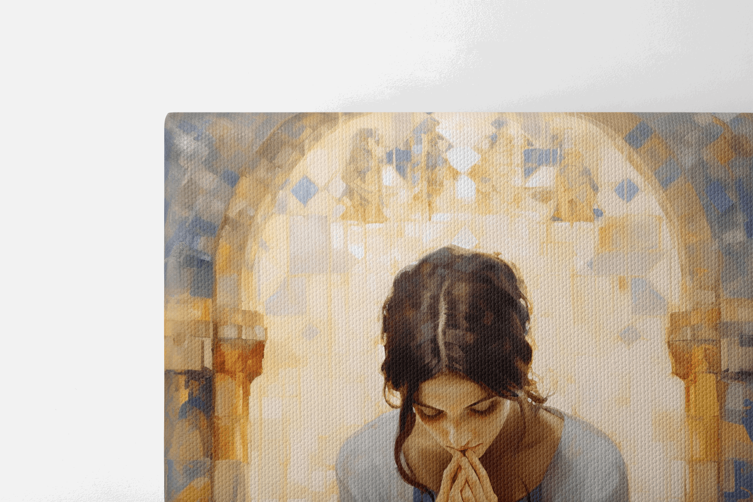 View of the top half of Canvas Wall Art Painting of a woman praying in a Catholic chapel with a mosaic style walls