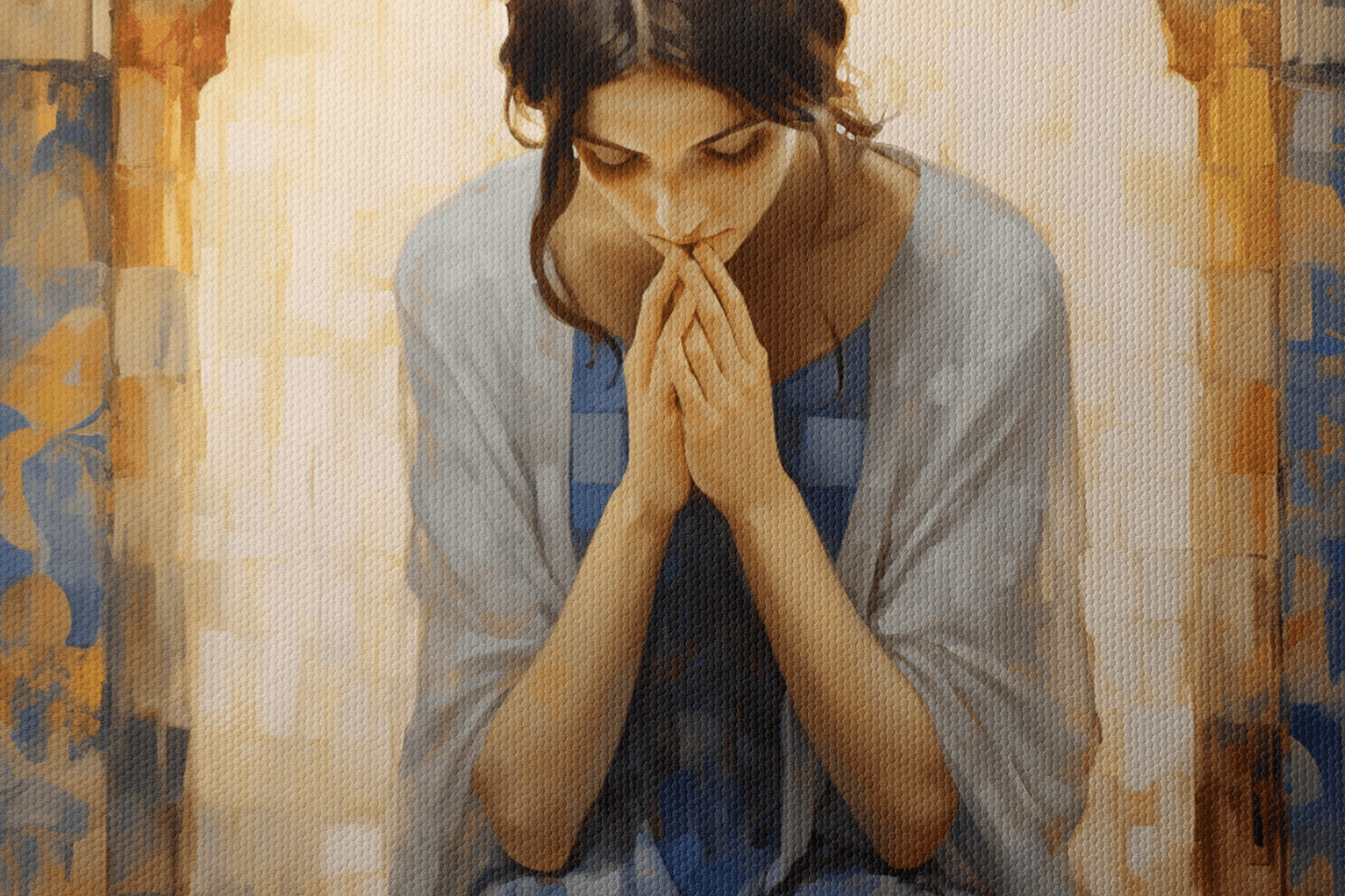 Closeup of Canvas Wall Art Painting of a woman praying in a Catholic chapel with a mosaic style walls