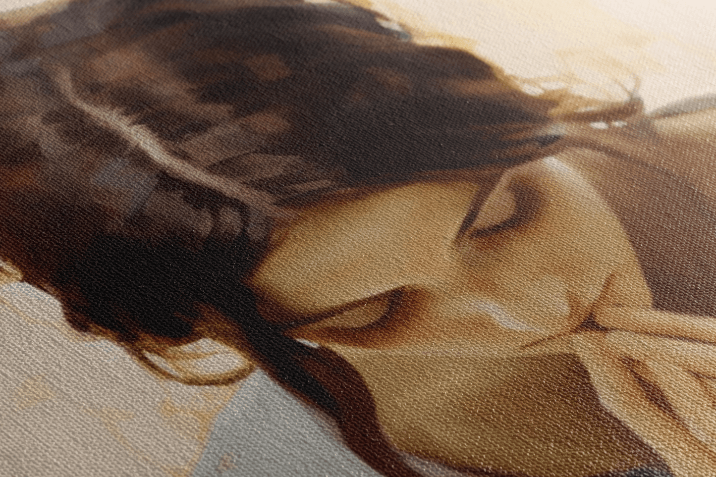 Detailed closeup of Canvas Wall Art Painting of a woman praying in a Catholic chapel with a mosaic style walls