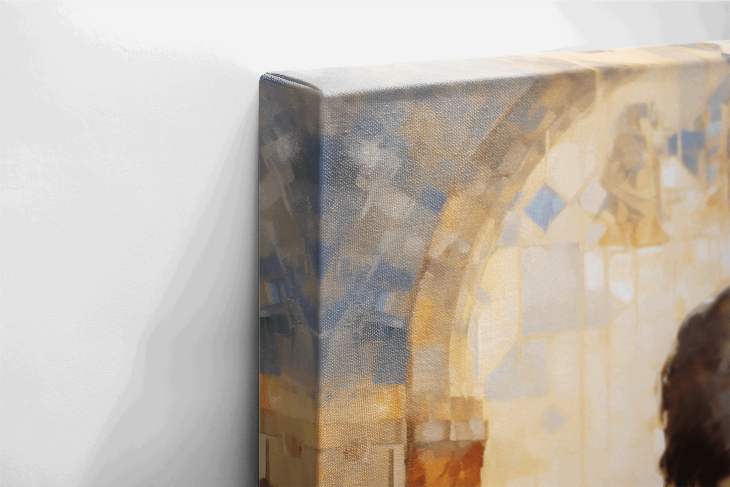Side view of Canvas Wall Art Painting of a woman praying in a Catholic chapel with a mosaic style walls