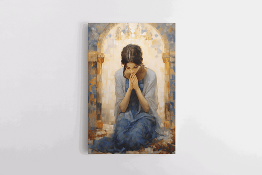 Canvas Wall Art Painting of a woman praying in a Catholic chapel with a mosaic style walls